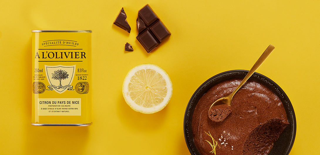MOUSSE AU CHOCOLAT ET FLEUR DE SEL À L’HUILE D’OLIVE AROMATIQUE CITRON DU PAYS DE NICE A L’OLIVIER