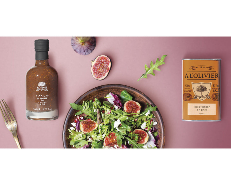 Salade automnale sauce au vinaigre & figue et à l’huile vierge de noix A l’Olivier