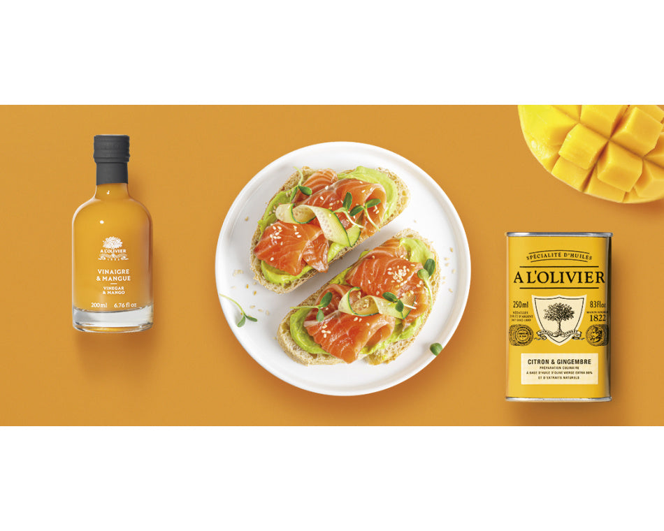 Tartines saumon fumé & avocat à l’huile d’olive aromatique citron & gingembre et au vinaigre & mangue A l’Olivier