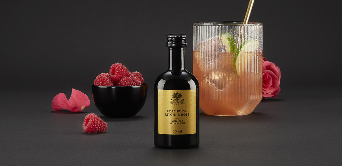 COCKTAIL SANS ALCOOL À LA FRAMBOISE ÉLIXIR AROMATIQUE VINAIGRE FRAMBOISE,LITCHI & ROSE