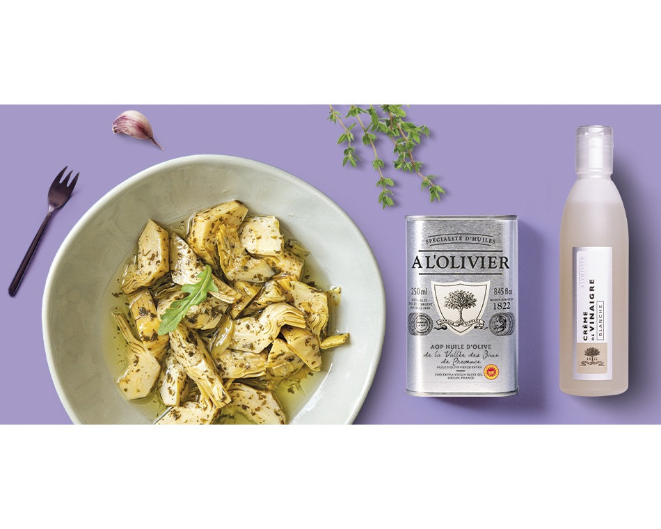 ARTICHAUTS MARINÉS HUILE D'OLIVE ET CRÈME BALSAMIQUE BLANCHE